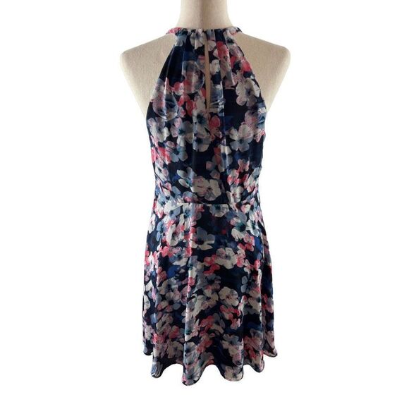 Express Floral Chiffon Sleeveless Halter Fit and Flare Dress Size 12 Navy Blue - Picture 3 of 10